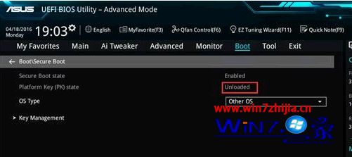 确认Platform Key(PK)state选项为(Unloaded)